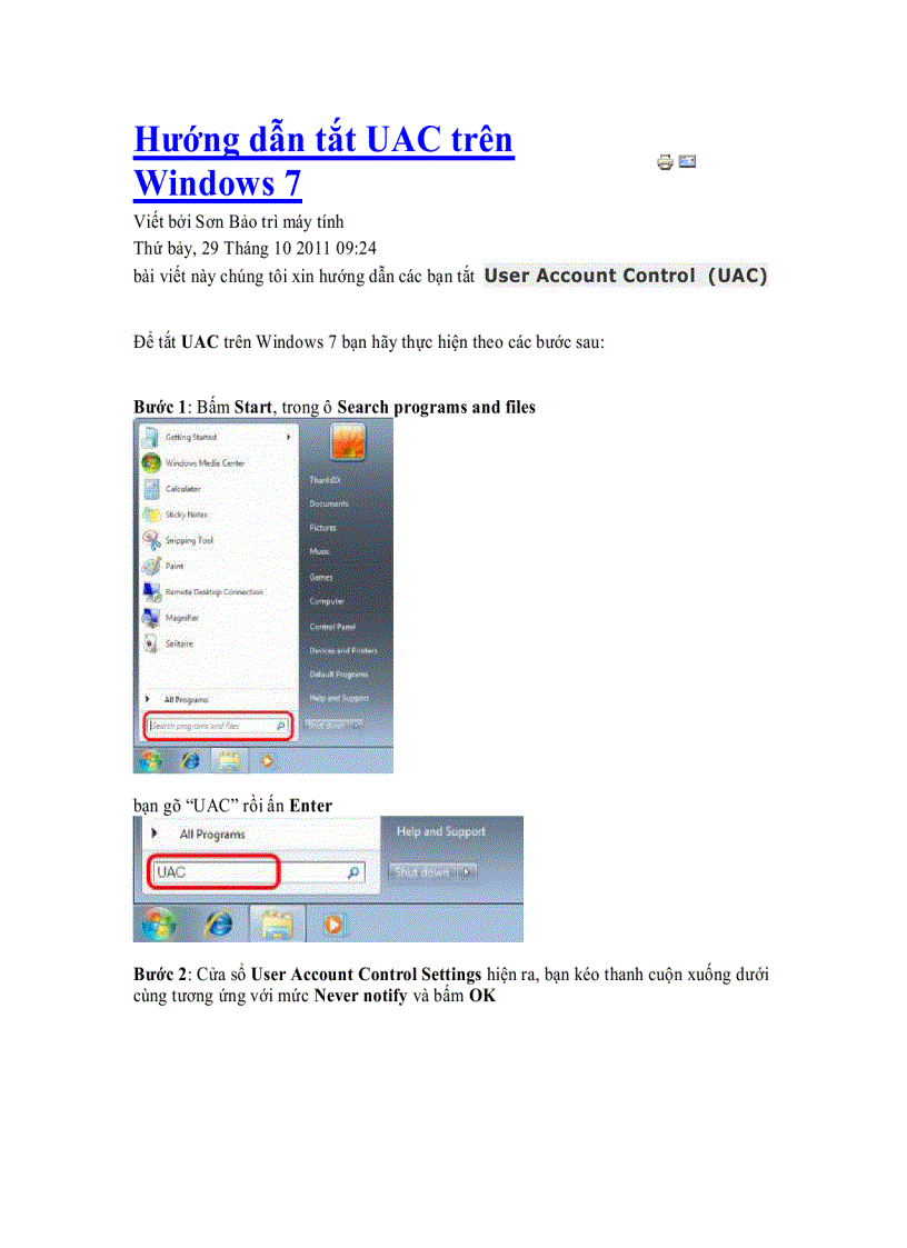 Hướng dẫn tắt UAC trên Windows 7
