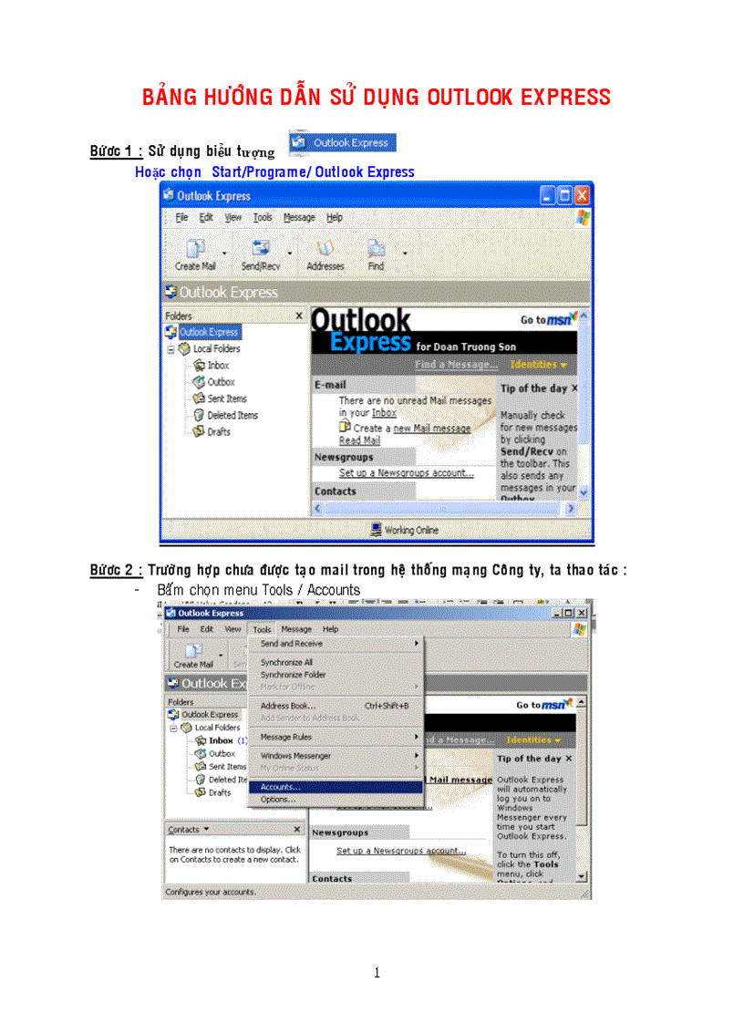 Bảng hướng dẫn sử dụng outlook express