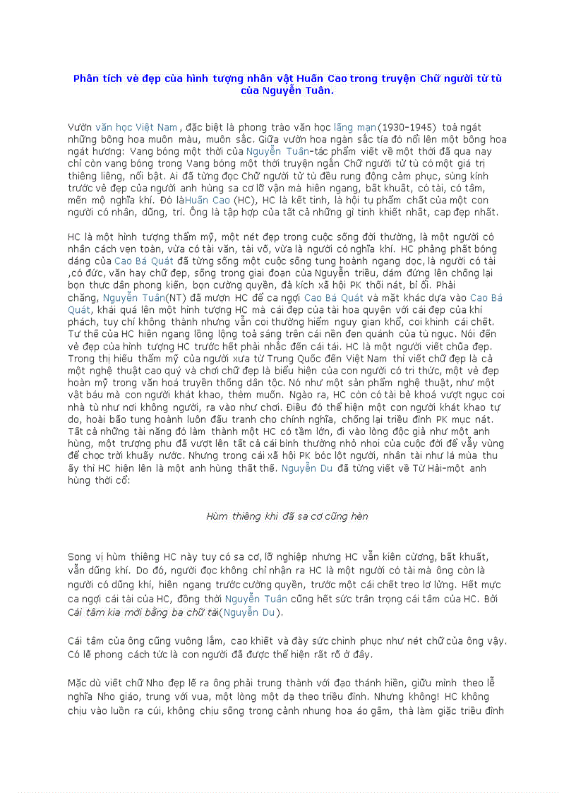 Phân tích vẻ đẹp của hình tượng nhân vật Huấn Cao trong truyện Chữ người tử tù của Nguyễn Tuân