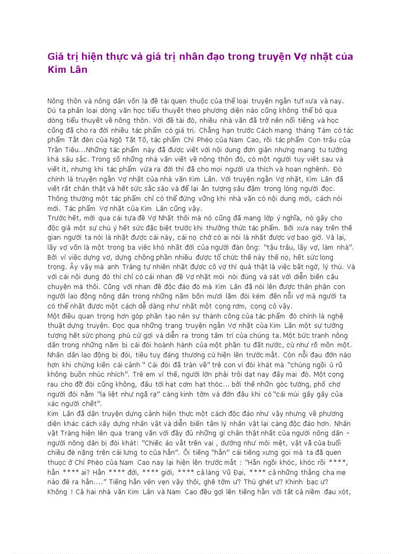 Giá trị hiện thực và giá trị nhân đạo trong truyện Vợ nhặt của Kim Lân