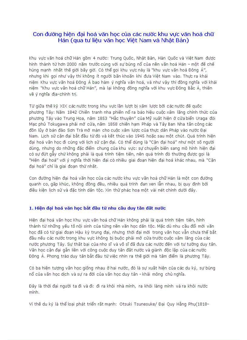 Con đường hiện đại hoá văn học của các nước khu vực văn hoá chữ Hán qua tư liệu văn học Việt Nam và Nhật Bản