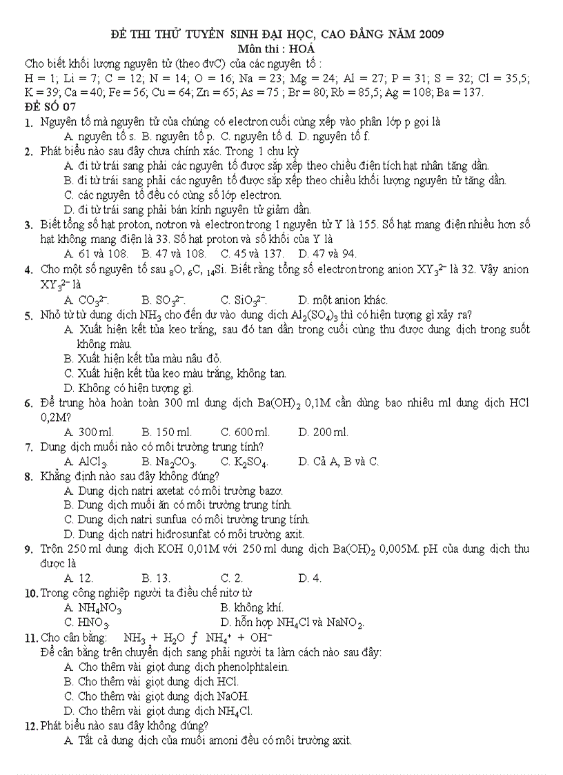 Đề thi thử Đại học môn Hóa 7