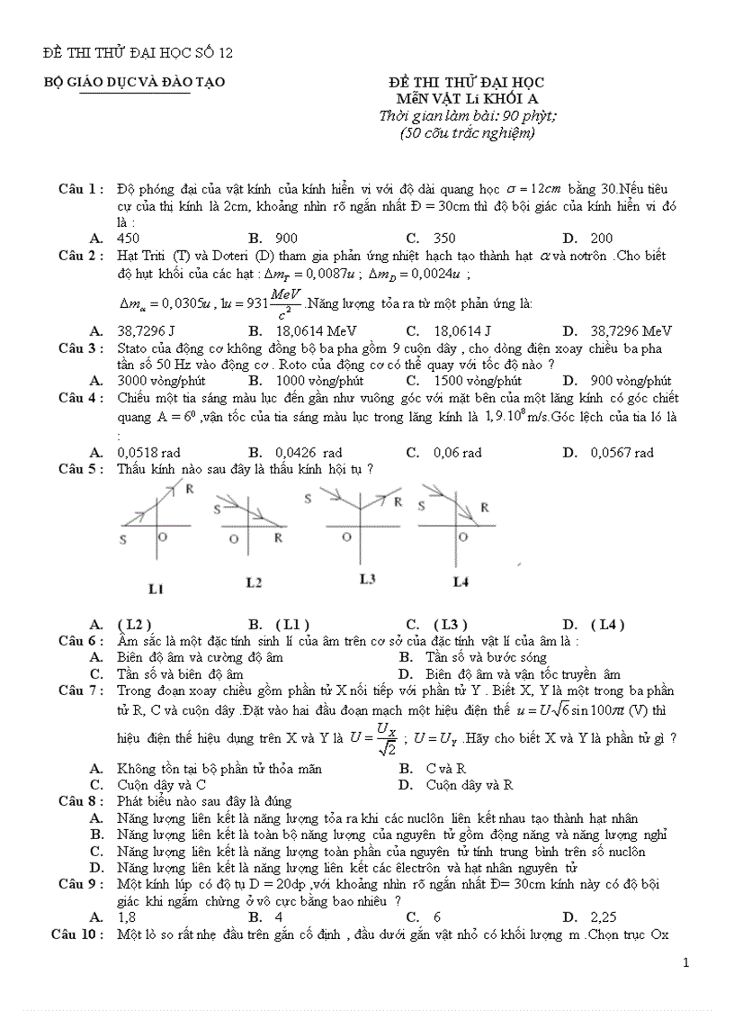 Đề thi thử Đại học môn Lý 49