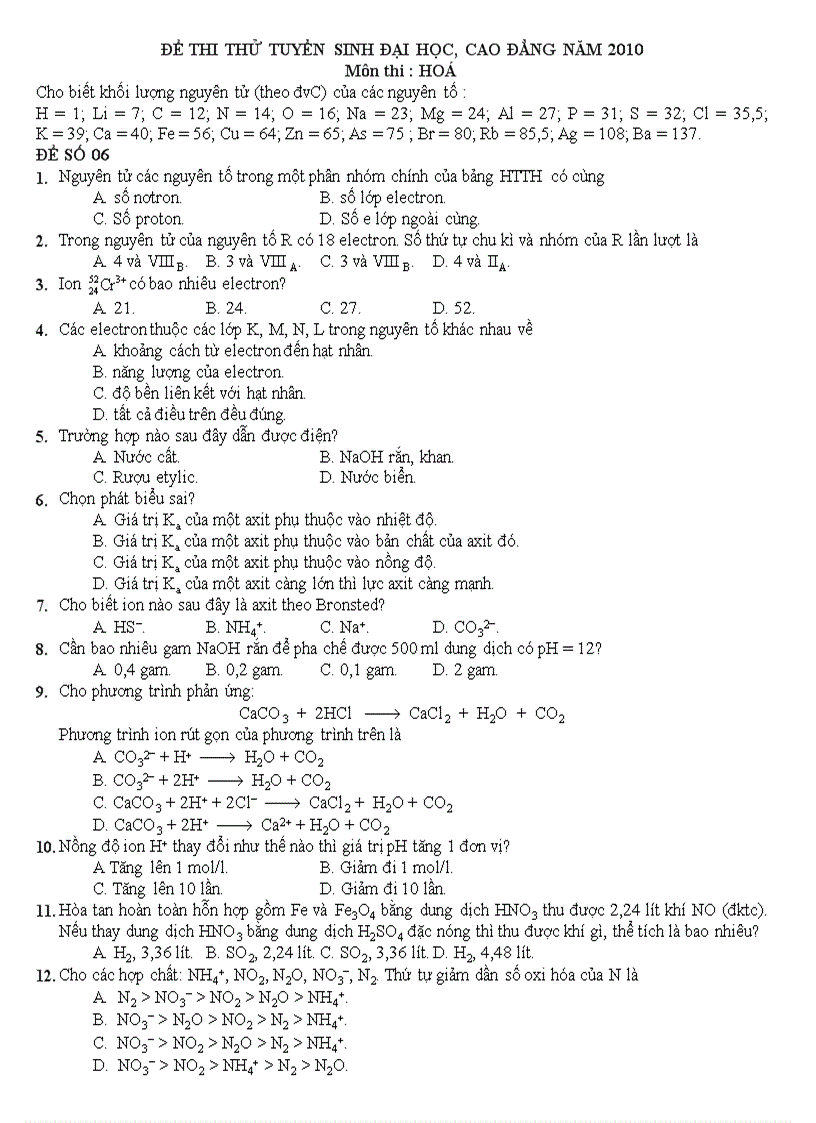 Đề thi thử Đại học môn Hóa 6