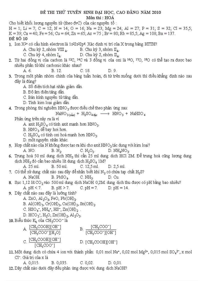Đề thi thử Đại học môn Hóa 10