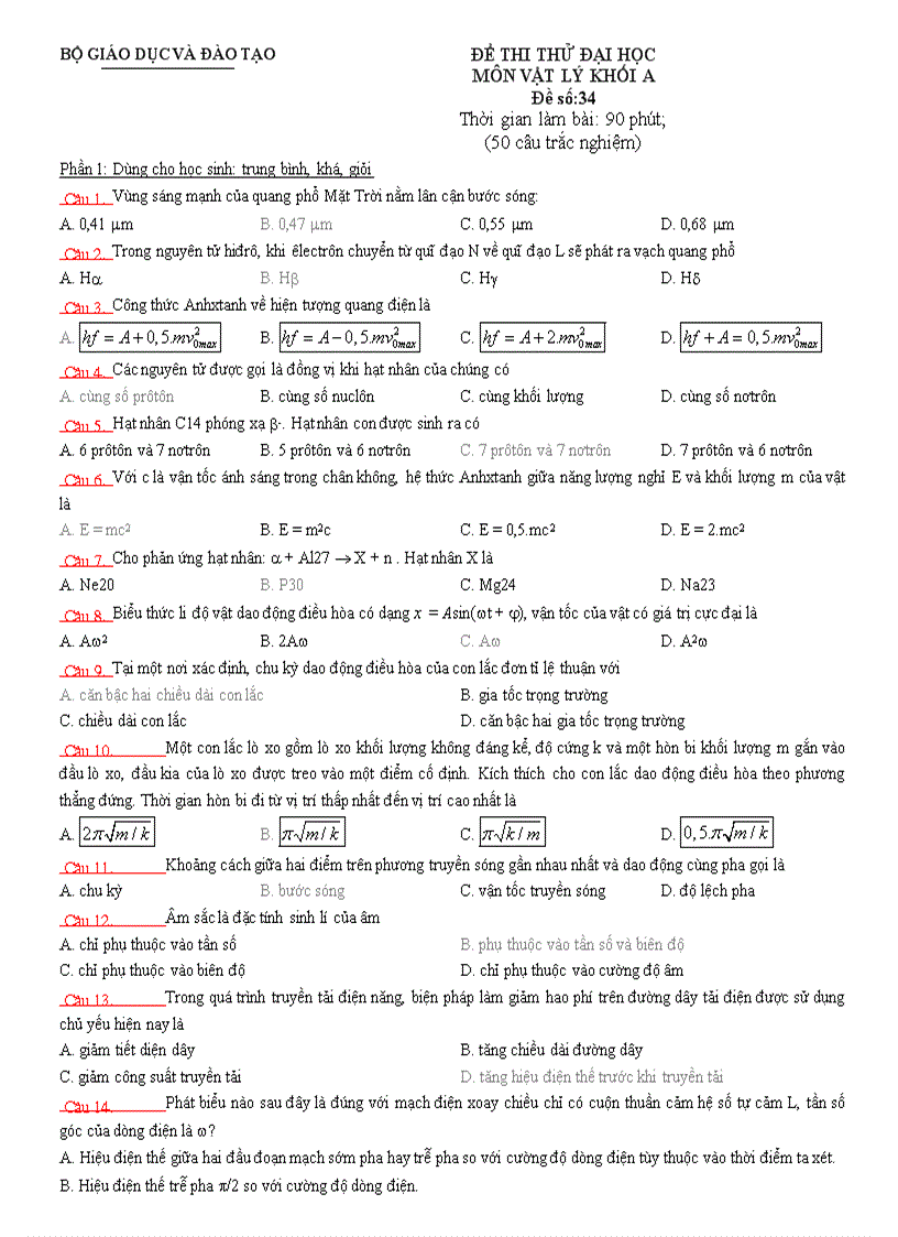 Đề thi thử Đại học môn Lý 41