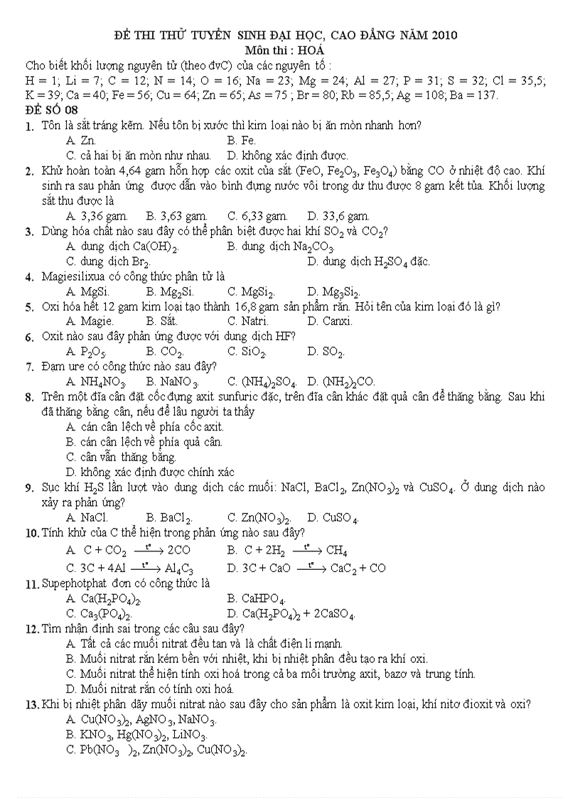 Đề thi thử Đại học môn Hóa 8