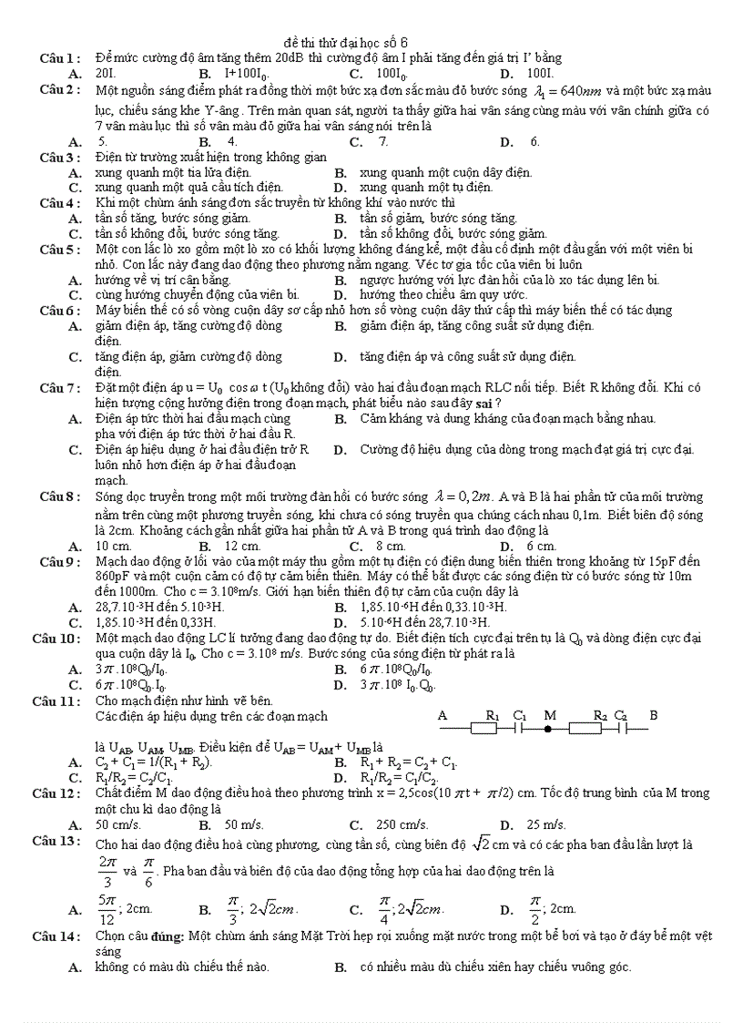 Đề thi thử Đại học môn Lý 2