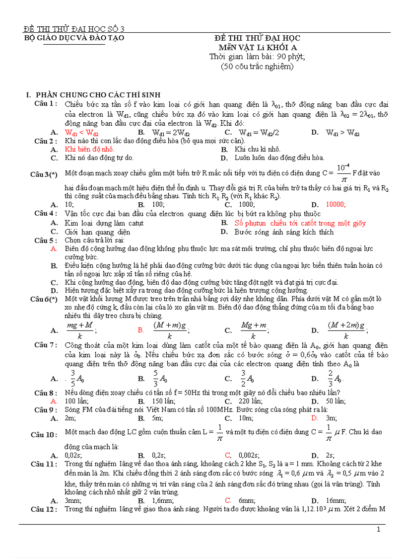 Đề thi thử Đại học môn Lý 31