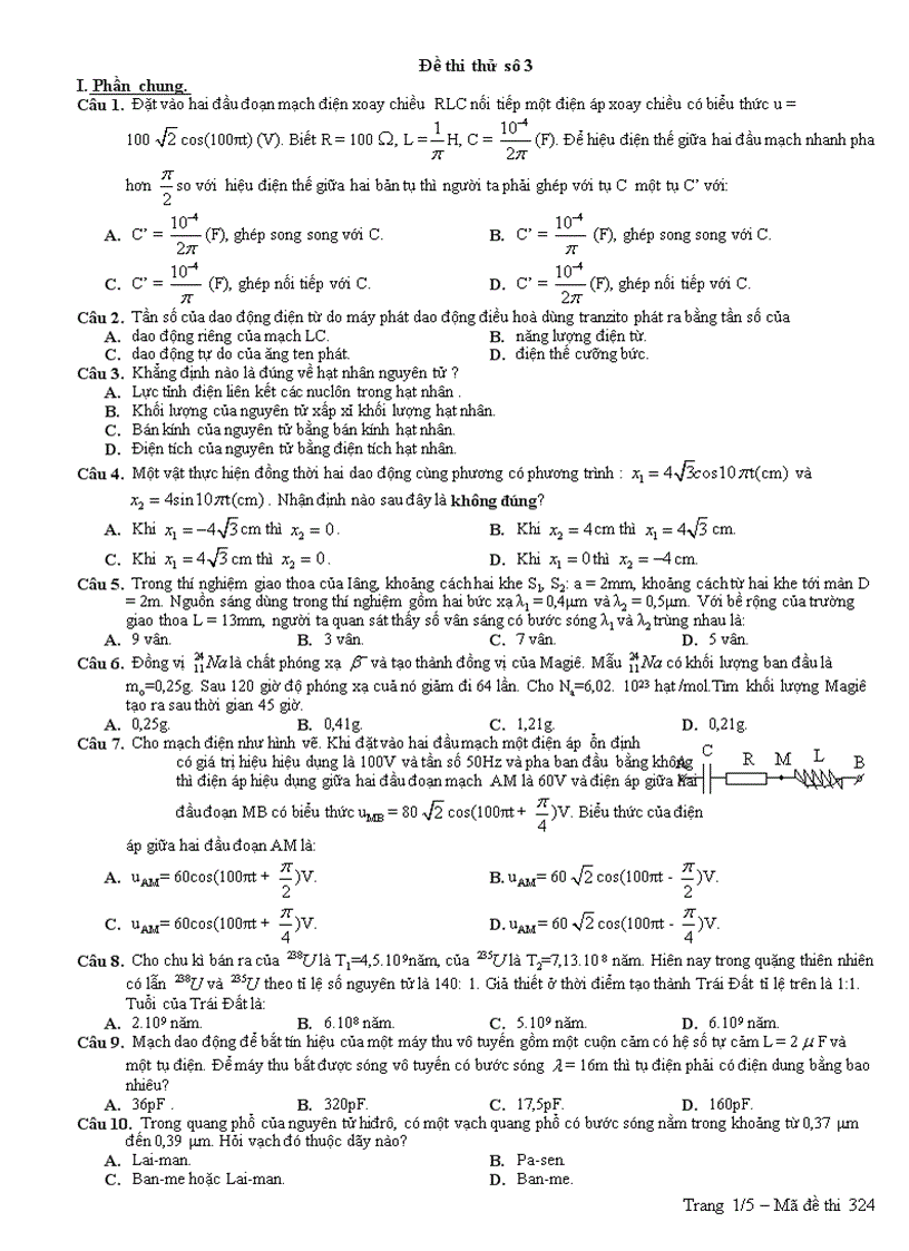 Đề thi thử Đại học môn Lý 15