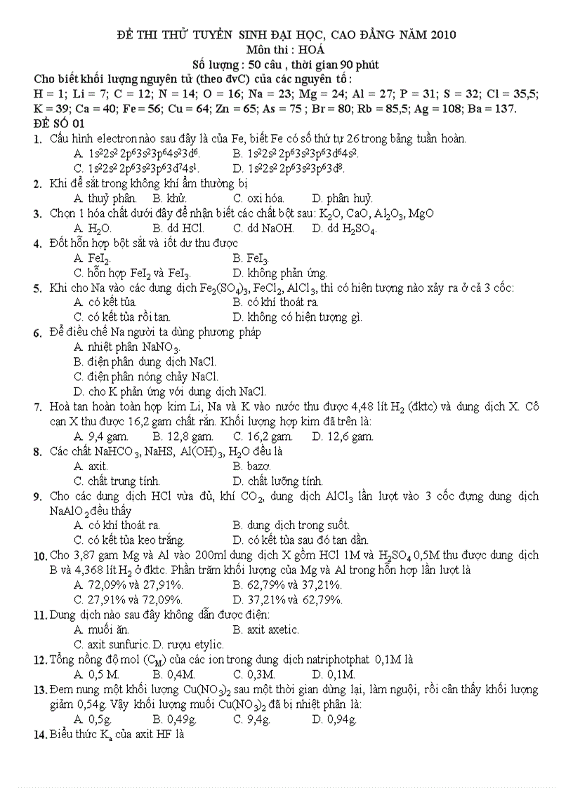 Đề thi thử Đại học môn Hóa 4