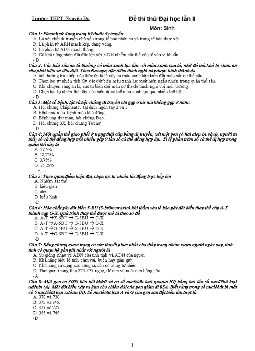 Đề thi thử Đại học môn Sinh 1