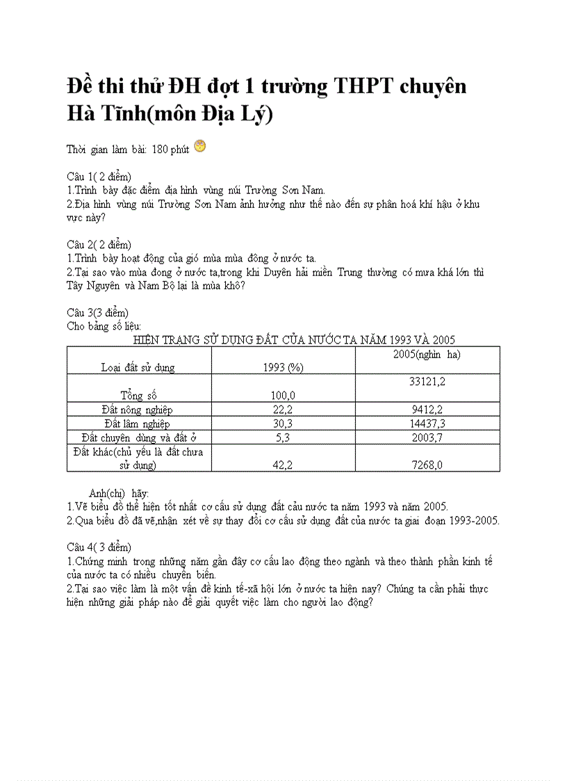 Đề thi thử Đại học môn Địa 3