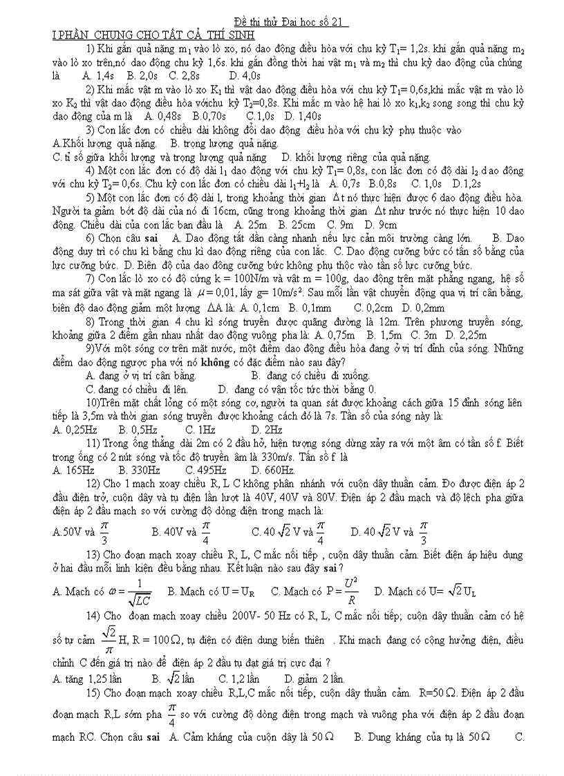 Đề thi thử Đại học môn Lý 26