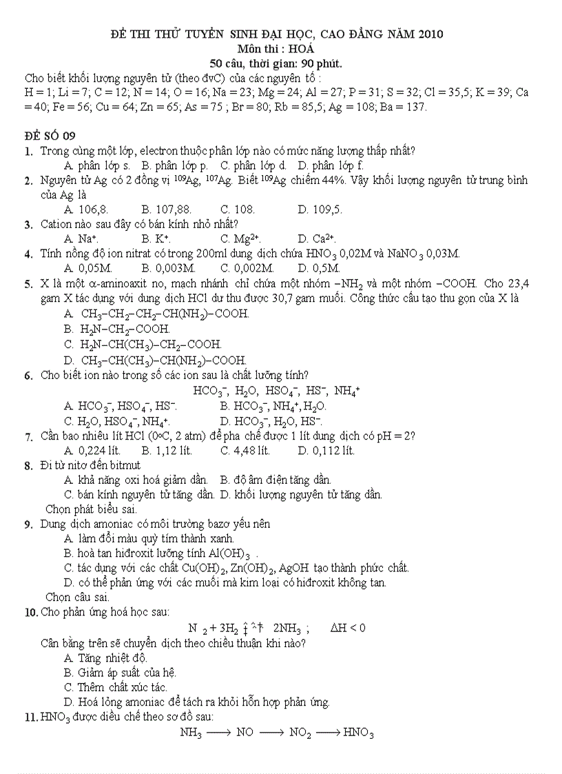 Đề thi thử Đại học môn Hóa 9