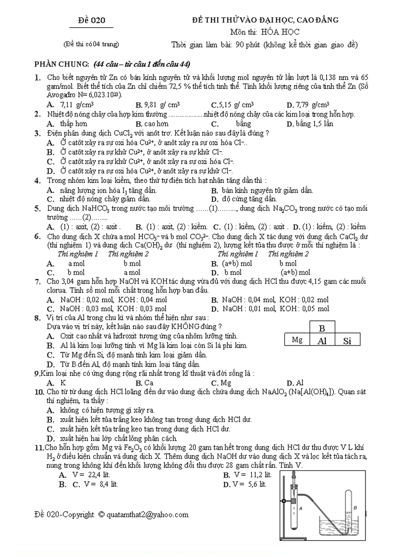 Đề thi thử Đại học môn Hóa 11