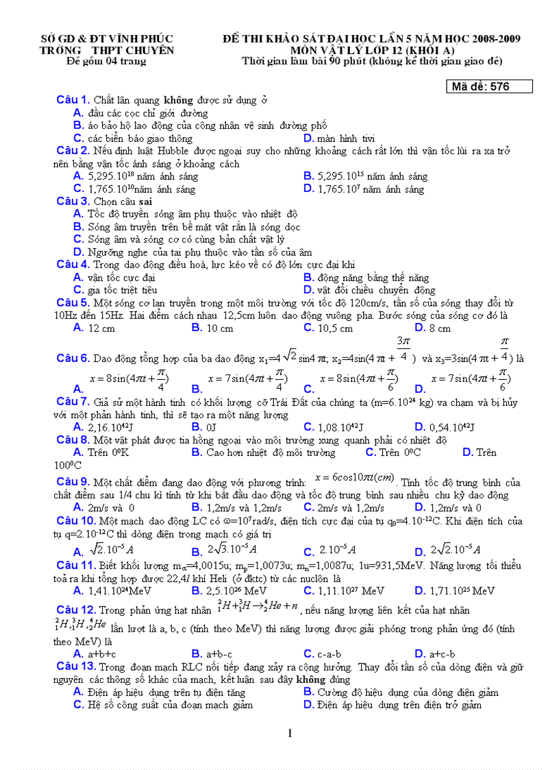 Đề thi thử Đại học môn Lý 54