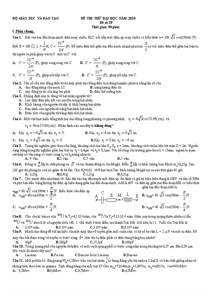 Đề thi thử Đại học môn Lý 45