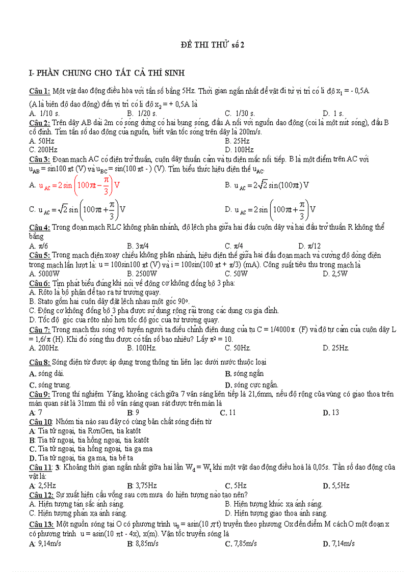 Đề thi thử Đại học môn Lý 47