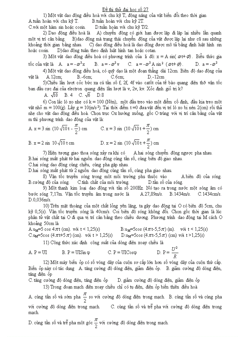 Đề thi thử Đại học môn Lý 18