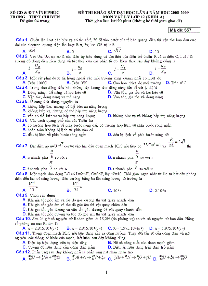 Đề thi thử Đại học môn Lý 53