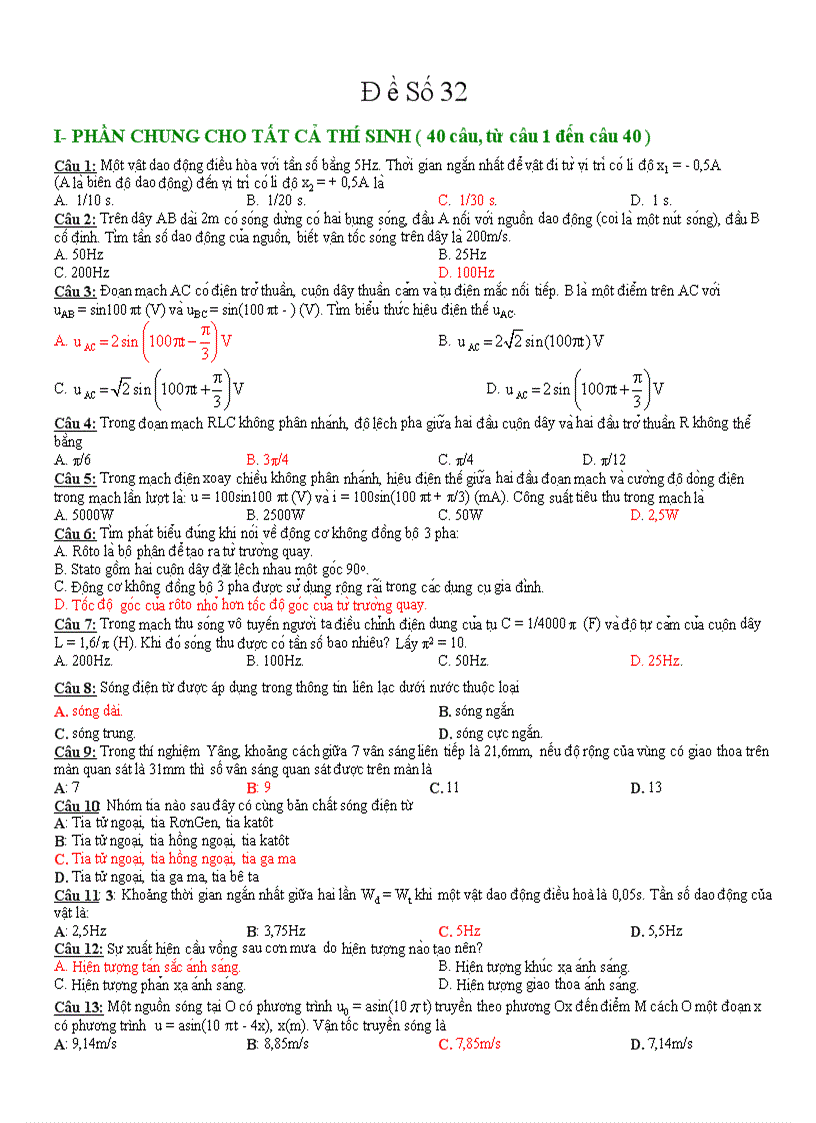 Đề thi thử Đại học môn Lý 64