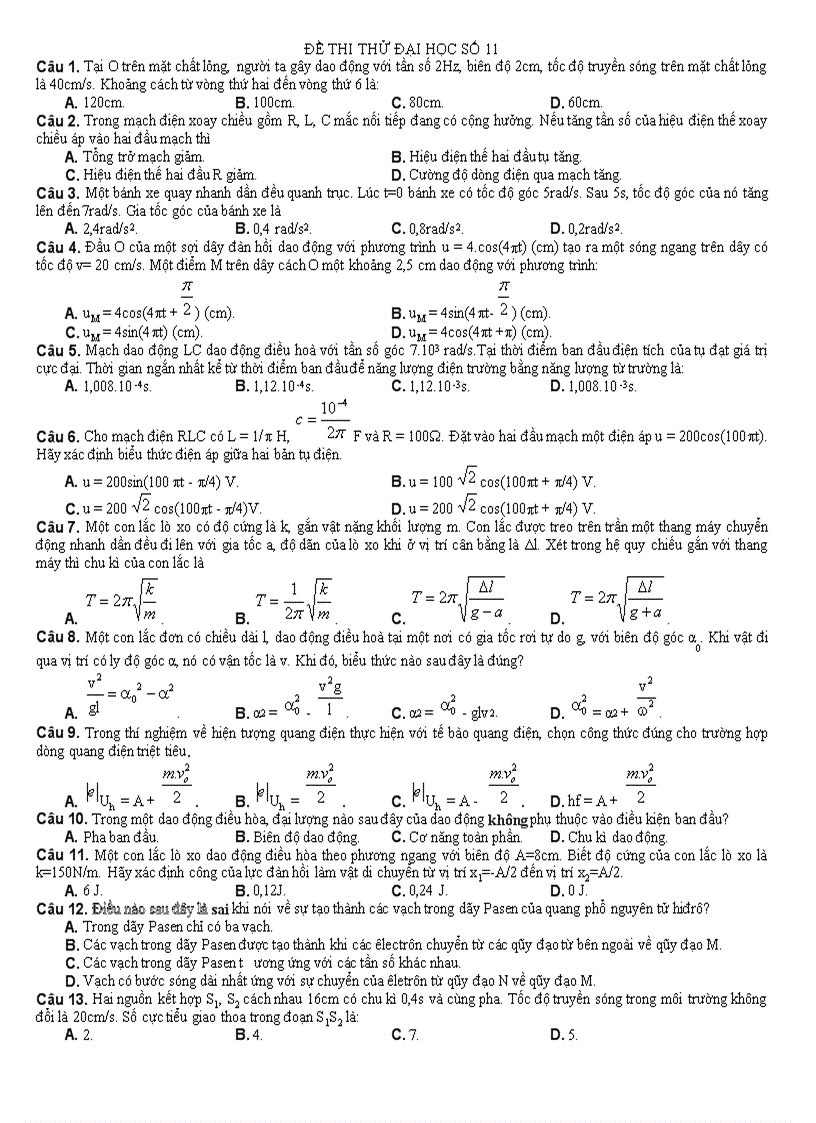 Đề thi thử Đại học môn Lý 5