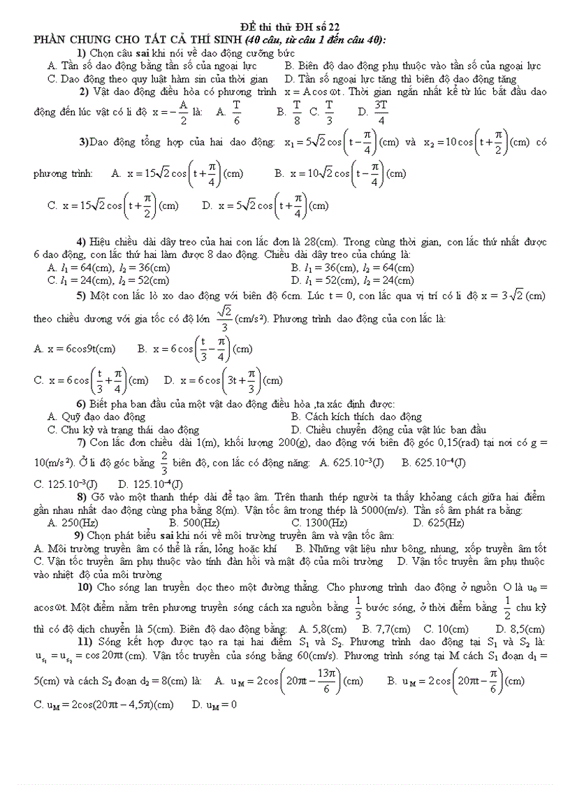 Đề thi thử Đại học môn Lý 27