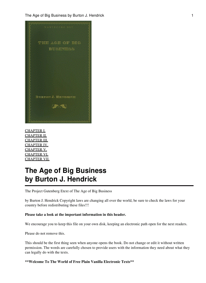 The Age of Big Business by Burton J Hendrick