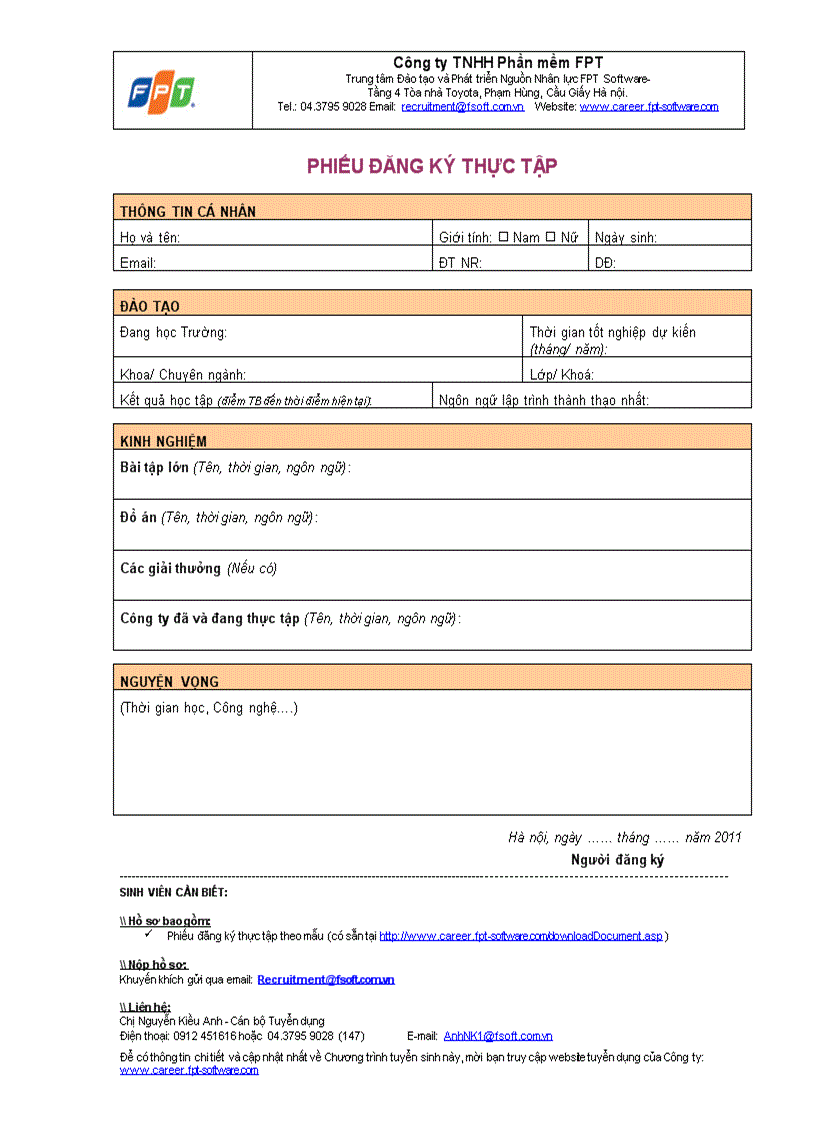 Mẫu đăng ký thực tập 2011 FPT Software HN