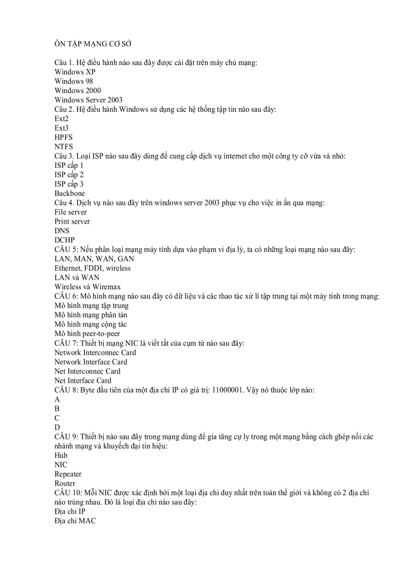 Ôn tập mạng cơ sở