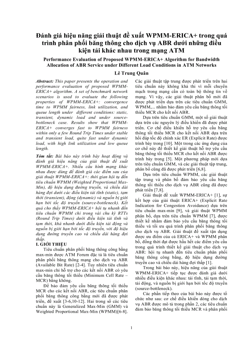 Đánh giá hiệu năng giải thuật đề xuất WPMM ERICA trong quá trình phân phối băng thông cho dịch vụ ABR dưới những điều kiện tải khác nhau trong mạng ATM