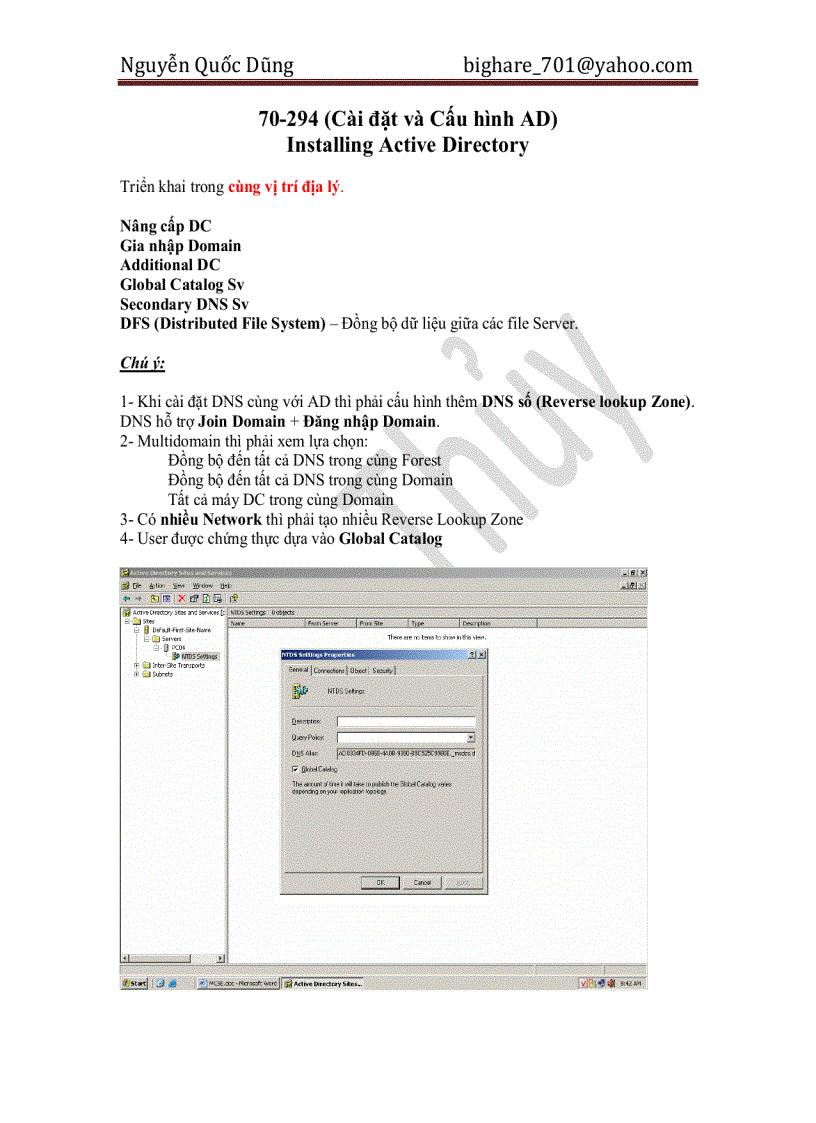 Lab Cấu Hình MCSE môn 70 294 Cài đặt và Cấu hình AD