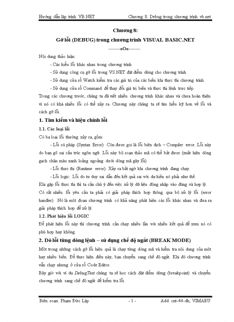 Gỡ lỗi DEBUG trong chương trình VISUAL BASIC NET