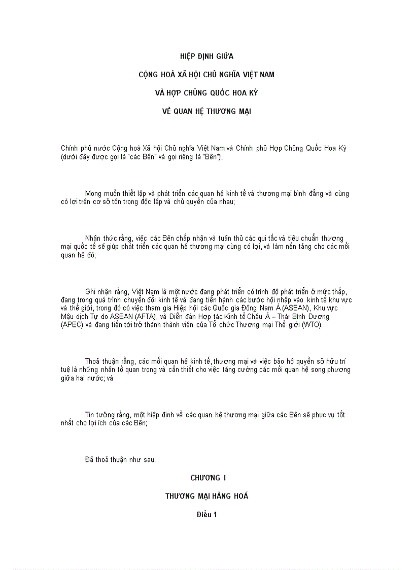 Hiệp định giữa cộng hoà xã hội chủ nghĩa việt nam và hợp chủng quốc hoa kỳ về quan hệ thương mại