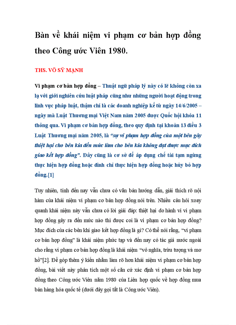 Bàn về khái niệm vi phạm cơ bản hợp đồng theo Công ước Viên 1980