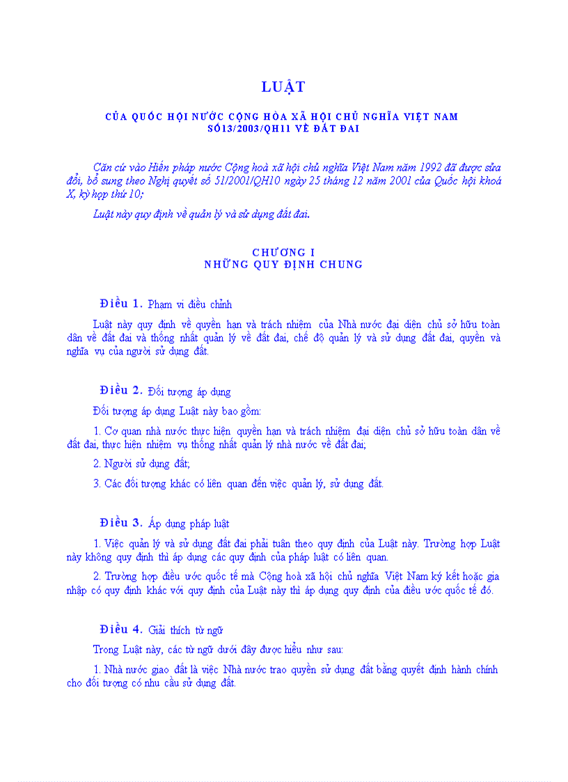 Luật của quốc hội nước cộng hòa xã hội chủ nghĩa việt nam số13 2003 qh11 về đất đai
