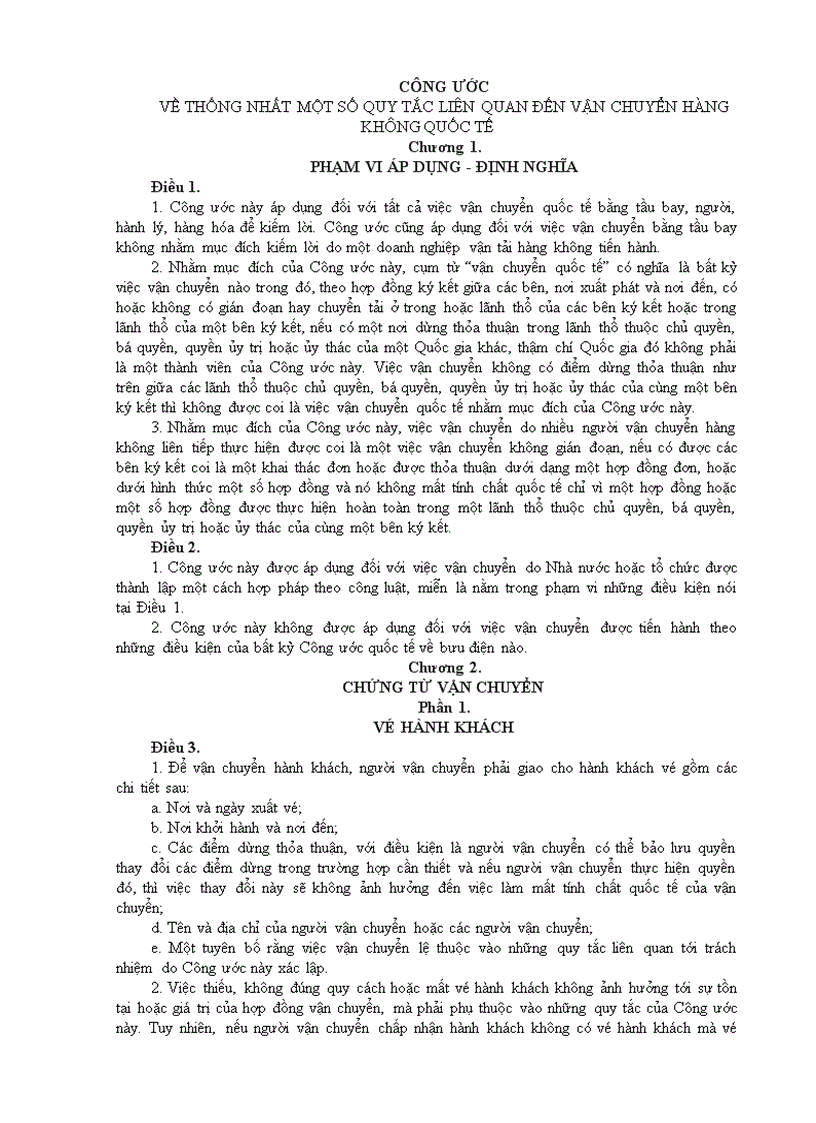 Về thống nhất một số quy tắc liên quan đến vận chuyển hàng không quốc tế