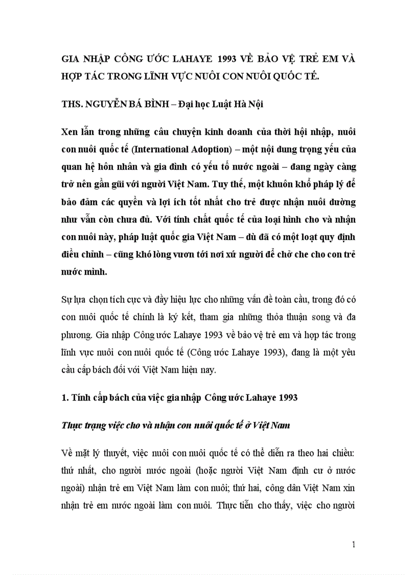 Gia nhập công ước lahaye 1993 về bảo vệ trẻ em và hợp tác trong lĩnh vực nuôi con nuôi quốc tế