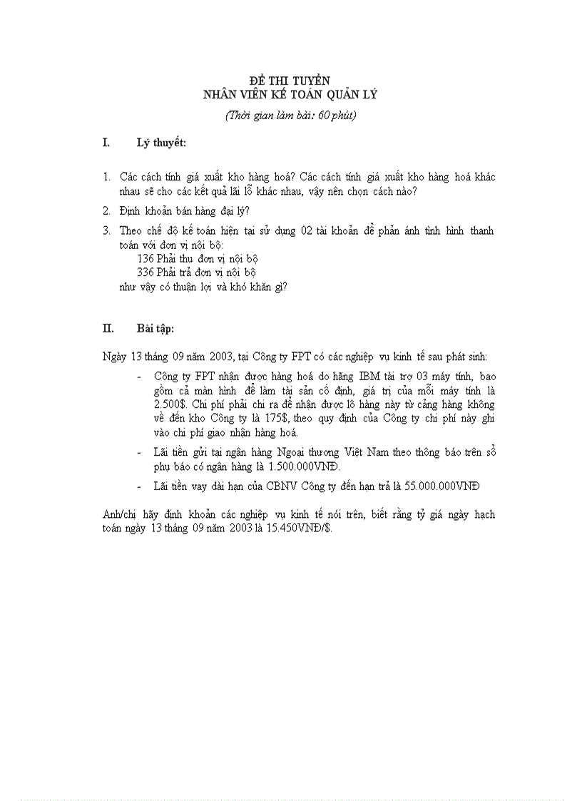Đề thi tuyển nhân viên kế toán quản lý