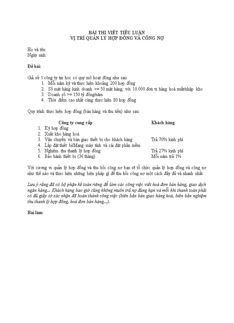 Bài thi viết tiểu luận vị trí quản lý hợp đồng và công nợ