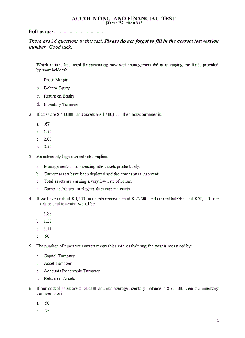 Accounting and financial test 1