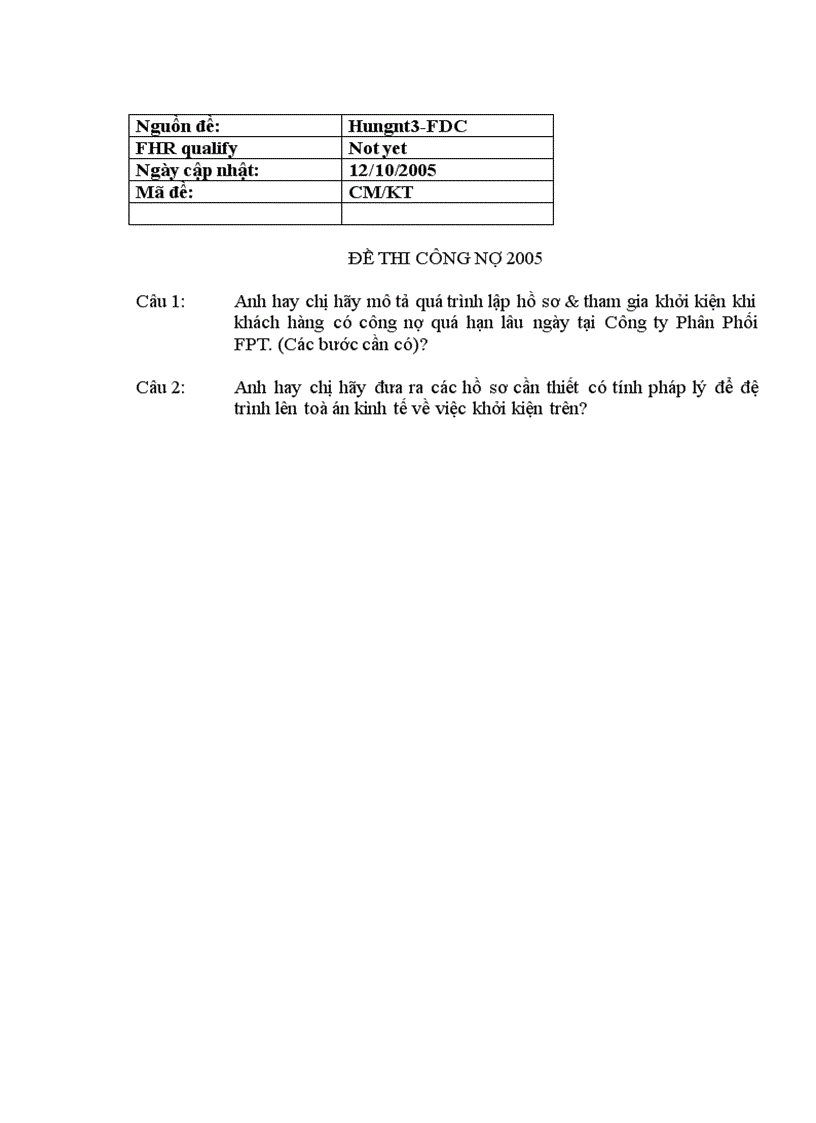 Đề thi công nợ 2005