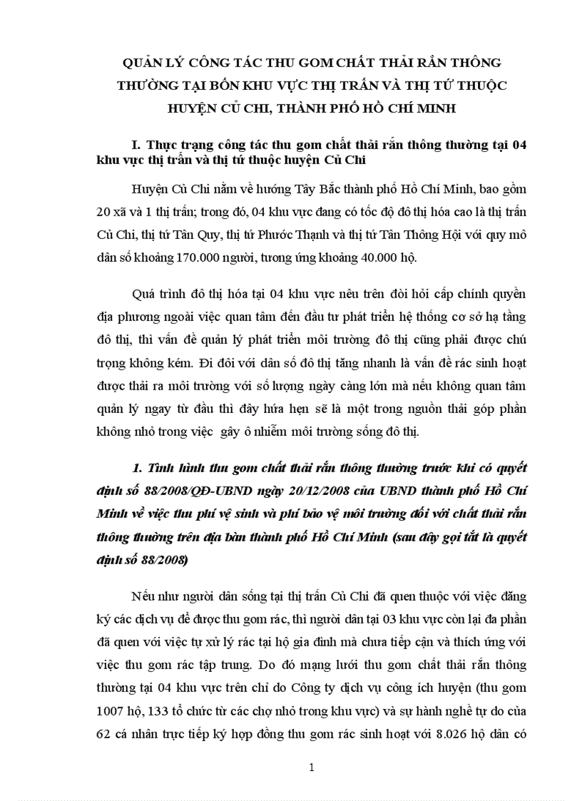 Tiểu luận quản lý công tác thu gom chất thải rắn thông thường tại bốn khu vực thị trấn và thị tứ thuộc huyện củ chi tphcm