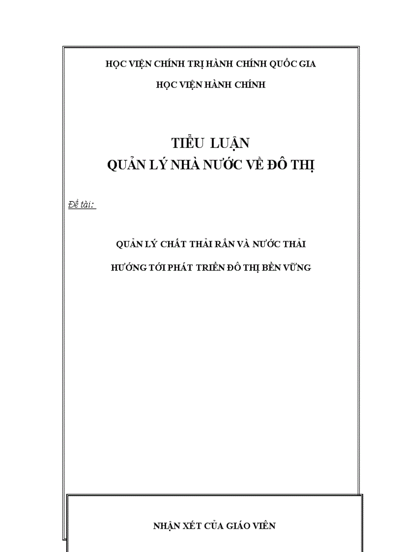 Tiểu luận quản lý chất thải rắn và nước thải hướng tới phát triển đô thị bền vững