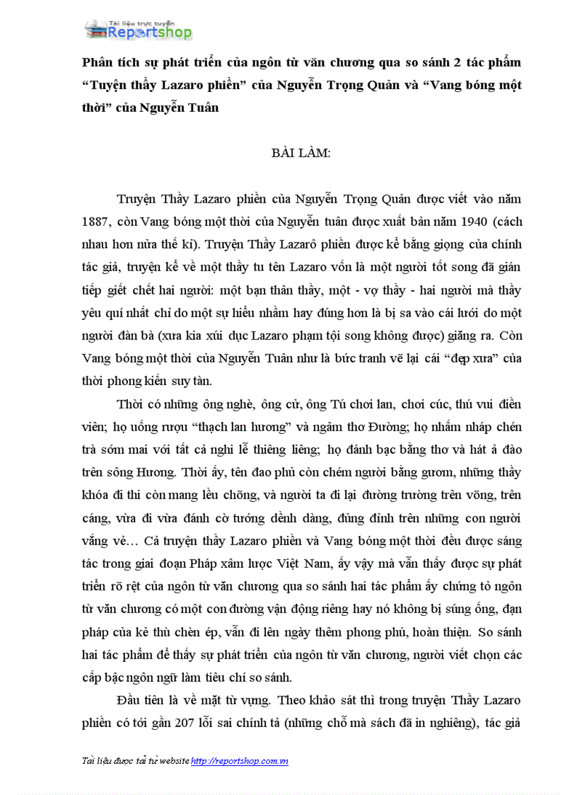 Phân tích sự phát triển của ngôn từ văn chương qua so sánh 2 tác phẩm Tuyện thầy Lazaro phiền của Nguyễn Trọng Quản và Vang bóng một thời của Nguyễn Tuân