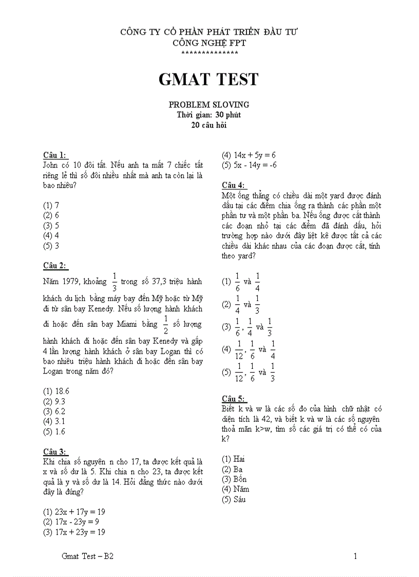 Đề thi GMAT test B2 Problem Solving FPT có đáp án