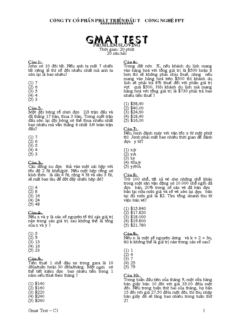 Đề thi GMAT test C1 Problem Solving FPT có đáp án