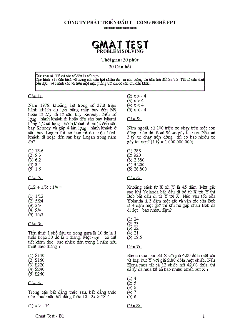 Đề thi GMAT test B1 Problem Solving FPT có đáp án