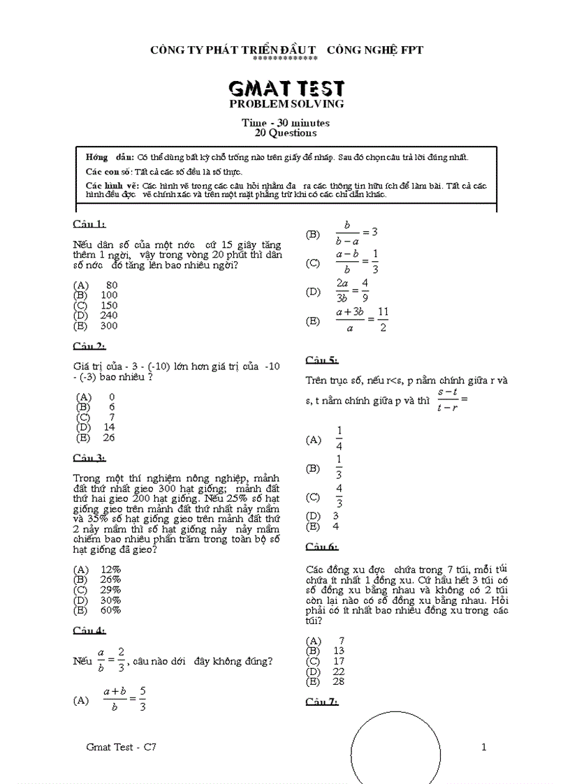 Đề thi GMAT test C6 Problem Solving FPT